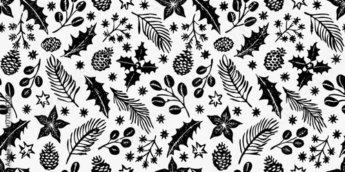 Black and white linocut style christmas pattern with holly pine cones and berries