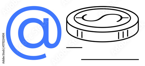 Blue email sign beside a black outline dollar coin indicating digital payments, e-commerce, and virtual transactions. Ideal for online economy, fintech, global trade, communication, cashless future