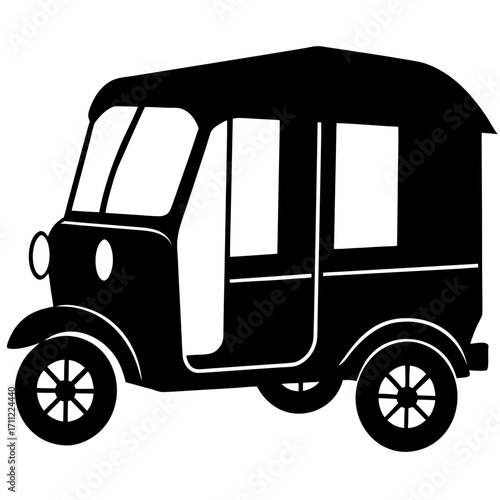 Simple black and white illustration of a vintage auto rickshaw vehicle