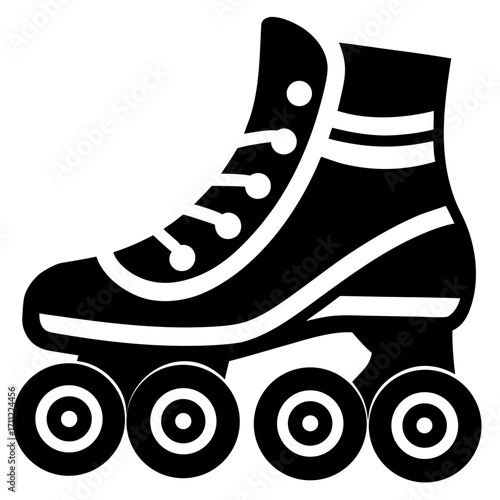 Black and white illustration depicting a single roller skate with wheels