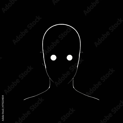 Vector art of abstract minimalist silhouette of a human head with glowing white eyes on a, representing enigma or the unknown