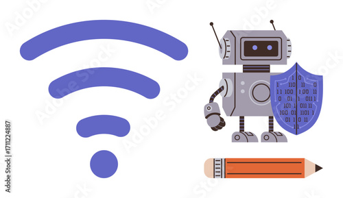 Robot holding shield with binary code, large wireless icon, pencil for connection, security, technology, and creativity. Ideal for cybersecurity, automation, internet artificial intelligence