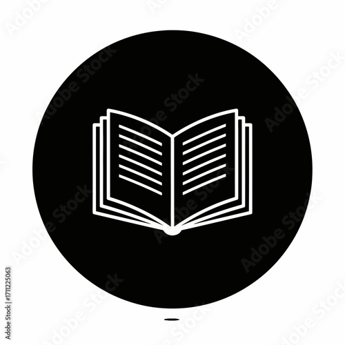 Vector art of white outline of an open book on a black circle background, representing knowledge, reading, and information