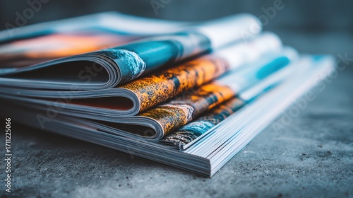 Close-Up of Stacked Magazines on a Textured Surface with Vibrant Covers and Soft Focus Background