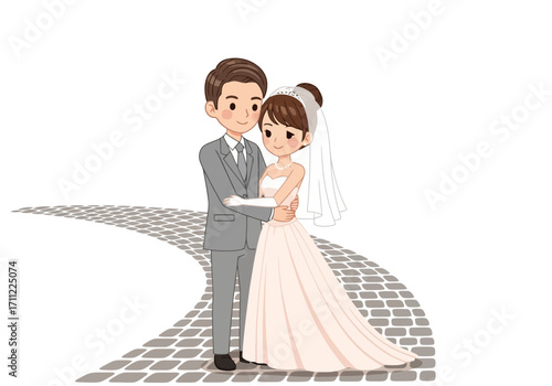 Vector art of cute cartoon illustration of a bride and groom embracing on a cobblestone path