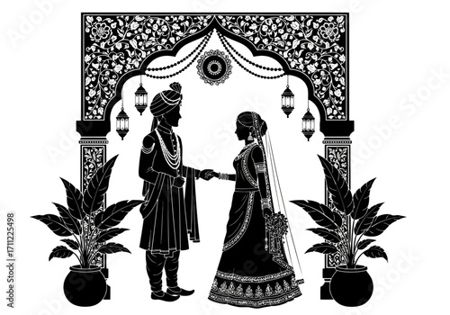 Vector art of black and white silhouette illustration of an indian bride and groom holding hands under an ornate archway