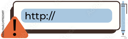 Exclamation mark in triangle alerts about potential error in URL entry. Input bar with http and pen symbolizes editable web address. Ideal for warnings, security, web design, education, error