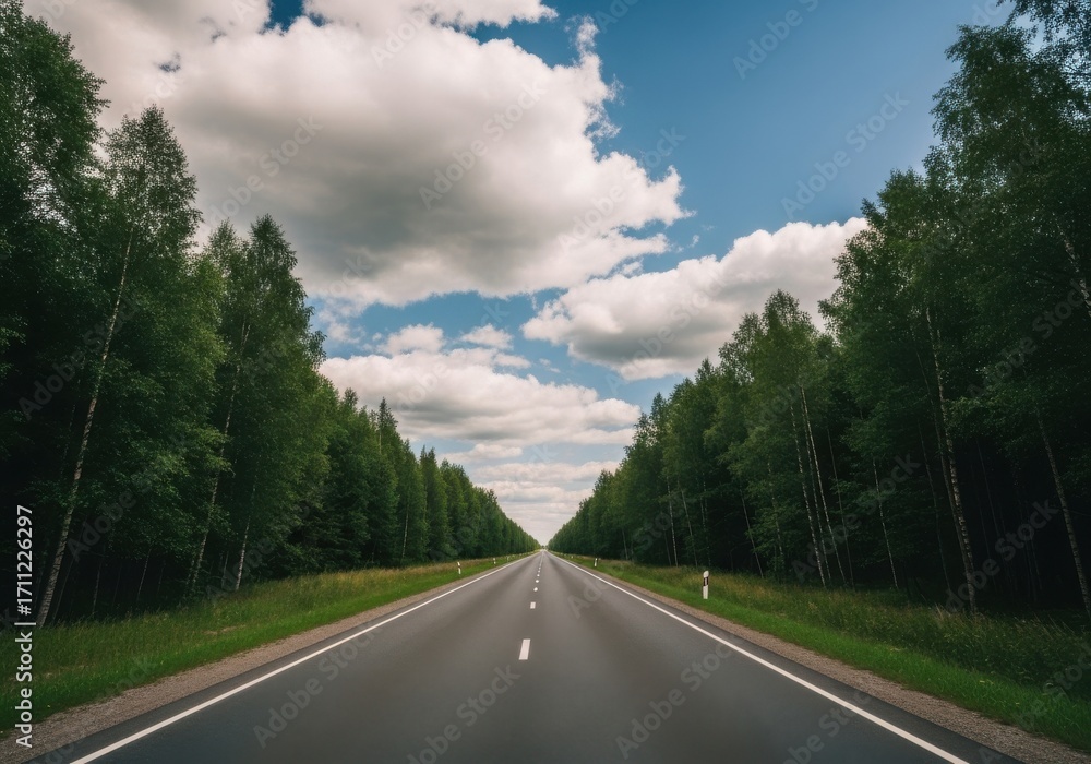 Obraz premium Long Empty Road Through Green Forest Under Blue Sky with White Clouds