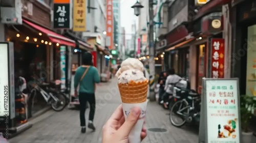 A person enjoying a delicious ice cream cone while walking down a vibrant street filled with shops