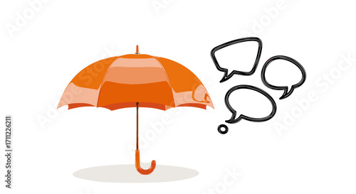 An orange umbrella stands next to three speech bubbles on a white background
