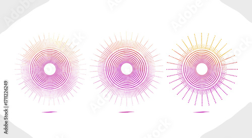 Three circular designs with radiating lines in pink and yellow hues art
