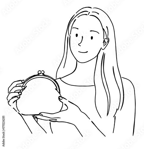 笑顔で財布を持つ若い女性のおしゃれな線画アイコンベクターイラスト / 家計 / 主婦 / ラインアート