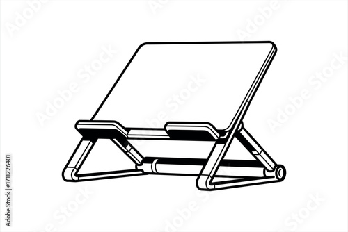 Black and white line art illustration of a portable book stand reading stand tablet stand