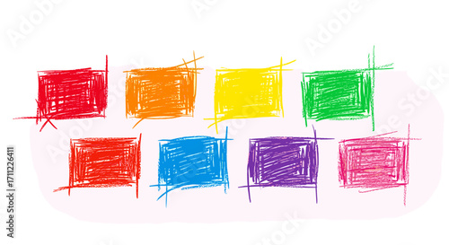 Colorful crayon drawing featuring a collection of nine square shapes