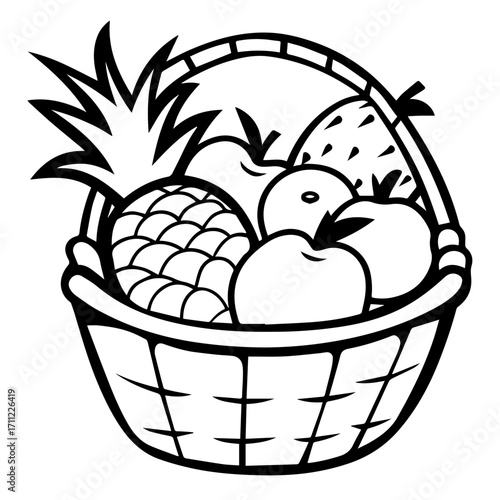 Fruit basket vector drawing, SVG with clean lines.Fruit Basket with Pineapple, Apples, and Strawberries Design