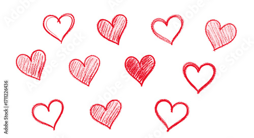 Collection of hand drawn red hearts in various styles and orientations