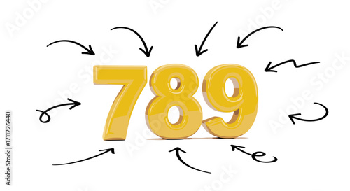Golden numbers seven eight nine surrounded by hand drawn black arrows