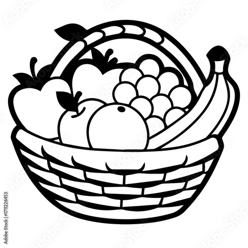 Fruit basket vector drawing, SVG with clean lines.Fruit Basket Illustration with Various Fresh Fruits Inside