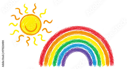 Hand drawn crayon style illustration of a sun and rainbow on white art