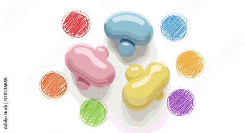 Arrangement of colorful blobs surrounded by sketched color ovals art