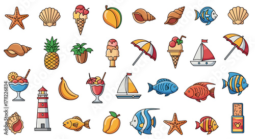 Collection of summer themed icons including food, sea life and objects