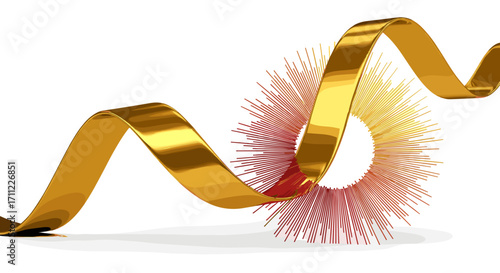 A golden ribbon curves around a burst of radiating lines on white space