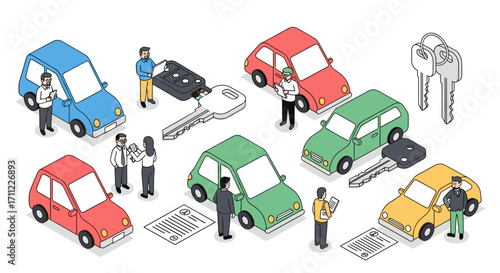 Isometric view of people buying cars with keys and contract documents