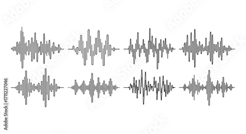 Eight waveform representations displayed in two rows against white space