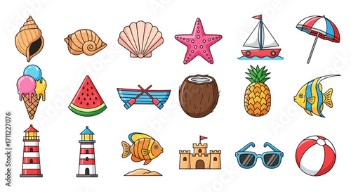 Cartoon beach elements including seashells boat and summer themed items