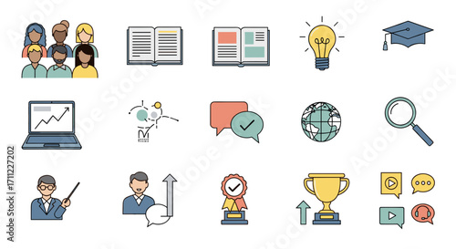 Illustration of diverse icons representing education and achievement theme