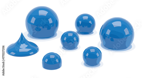 Arrangement of several blue egg shaped objects and one droplet shape