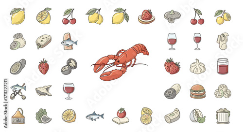 A variety of food items including lobster, fruits, and other delicacies