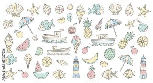 Illustration of summer themed objects including sea shells and fruit