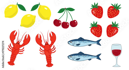 Illustration of lemons, cherries, strawberries, fish, lobsters and wine