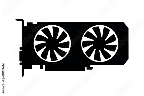 Black silhouette of a computer graphics card with two fans on white background video card black and white