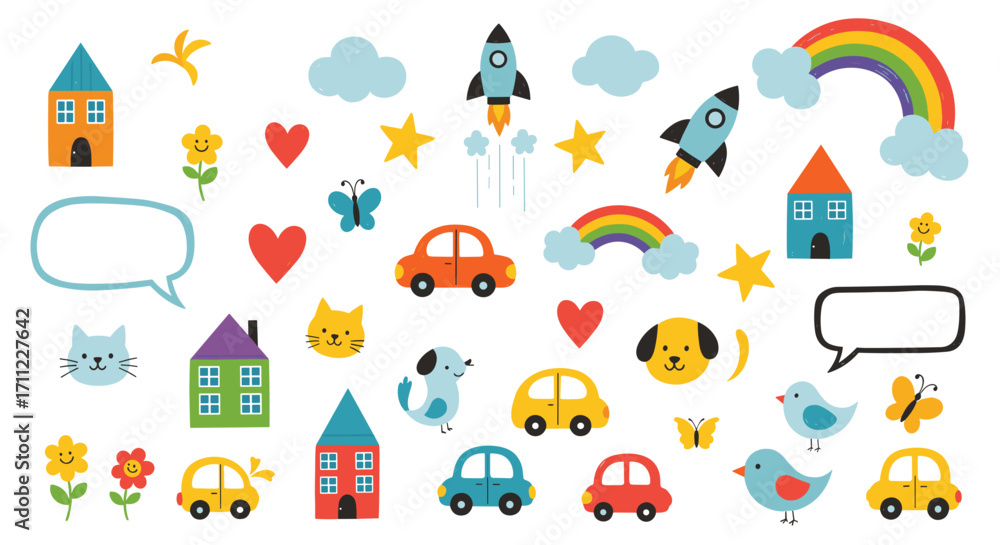 Fototapeta premium Collection of whimsical cartoon illustrations with houses and animals
