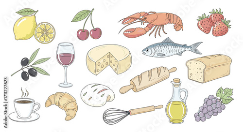 Illustration of various food items including fruits cheese and seafood