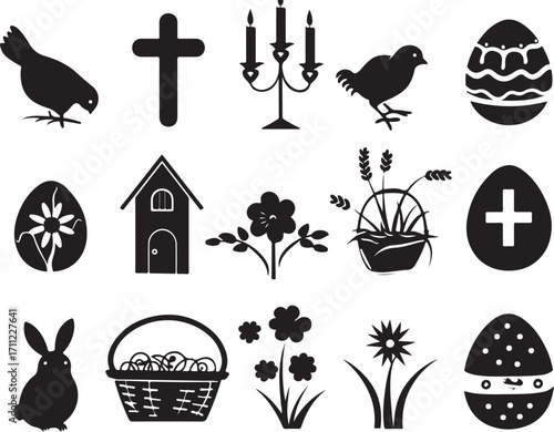 Easter icons: bunny, eggs, cross, chick, flowers, basket