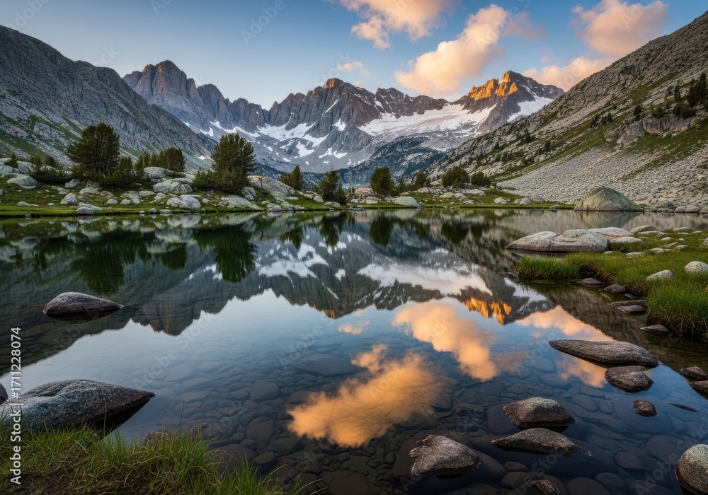 Fototapeta premium Serene Mountain Lake Scene with Snow Capped Peaks Green Trees and Reflective Water During Sunset