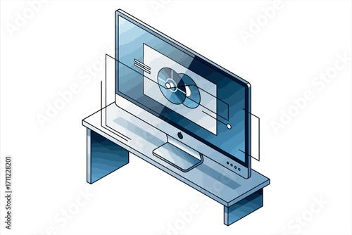Isometric computer monitor on desk with abstract data visualization illustration