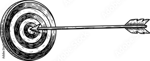 Arrow on target sketch engraving black and white outline. Scratch board imitation. illustrated in vintage line art style on a white background.
