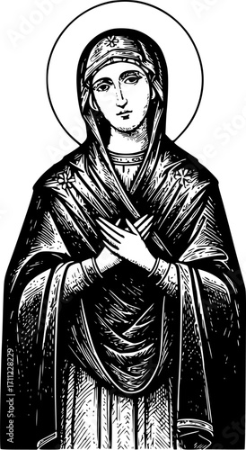 Virgin mary engraving black and white outline. Scratch board imitation. illustrated in vintage line art style on a white background.
