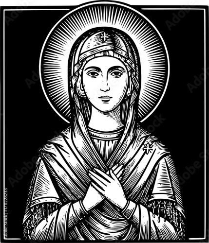 Virgin mary engraving black and white outline. Scratch board imitation. illustrated in vintage line art style on a white background.
