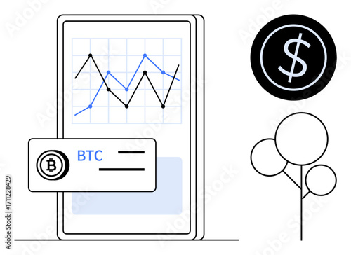 Smartphone displaying a cryptocurrency chart with Bitcoin card, dollar coin symbol, and minimal tree graphic. Ideal for finance, blockchain, investment, economy, trading fintech technology. Simple