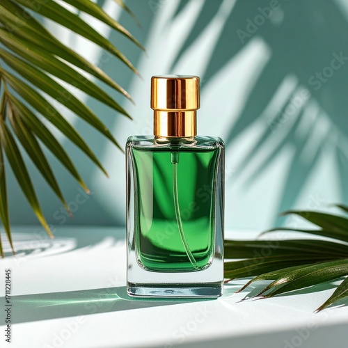 Square clear glass perfume bottle filled with green liquid, with gold cap, is bathed in light with palm leaf shadows on a blue backdrop