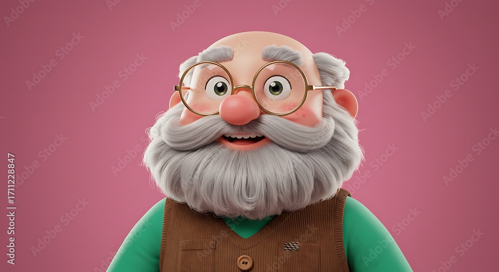 Obraz premium Cheerful elderly cartoon man with rosy cheeks and thick white beard smile