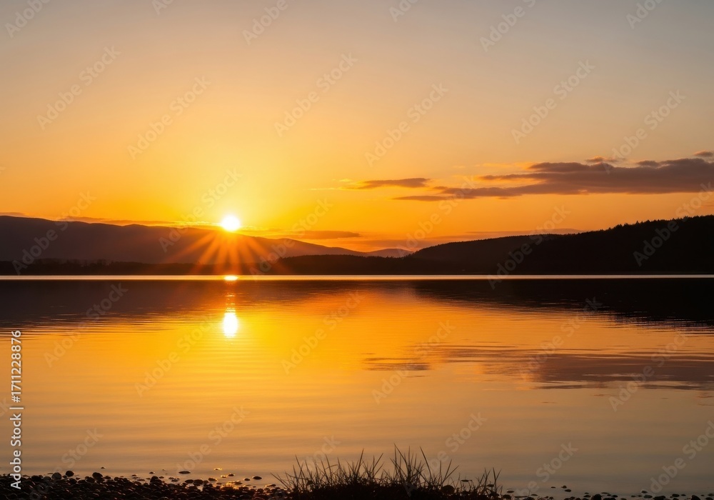 Obraz premium Sunset Over Calm Lake Vibrant Orange Sky Reflection Peaceful Natural Scene