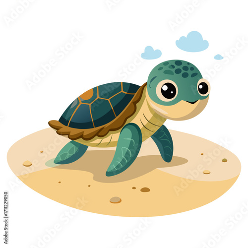 A cute baby sea turtle on the sand, with big, adorable eyes. Perfect for nature, ocean life, kids' projects, and environmental themes.