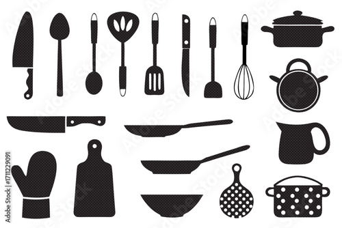 Kitchen utensil silhouettes showcasing a diverse range of cooking tools and equipment for food preparation and culinary endeavors