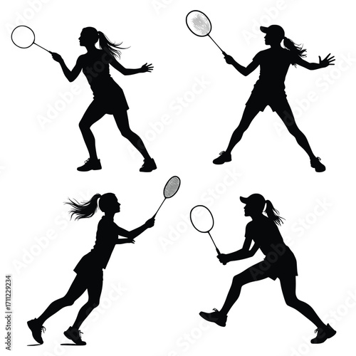Female Badminton Player Silhouettes in Action Poses Running Hitting and Serving Sports Vector Illustration Isolated on White Background